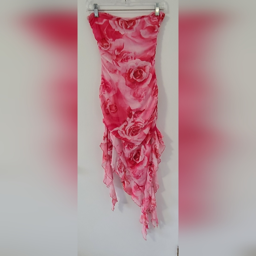 SHEIN (Small) Pink Floral Strapless (Tub Style) Sheer Dress